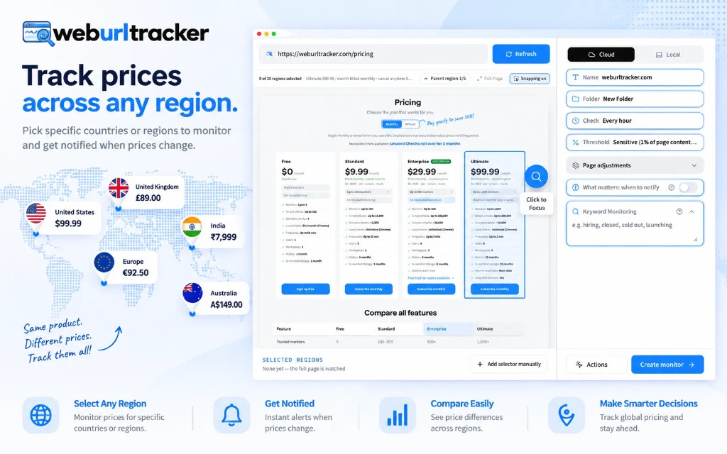 Region picker selecting a price block on a monitored page