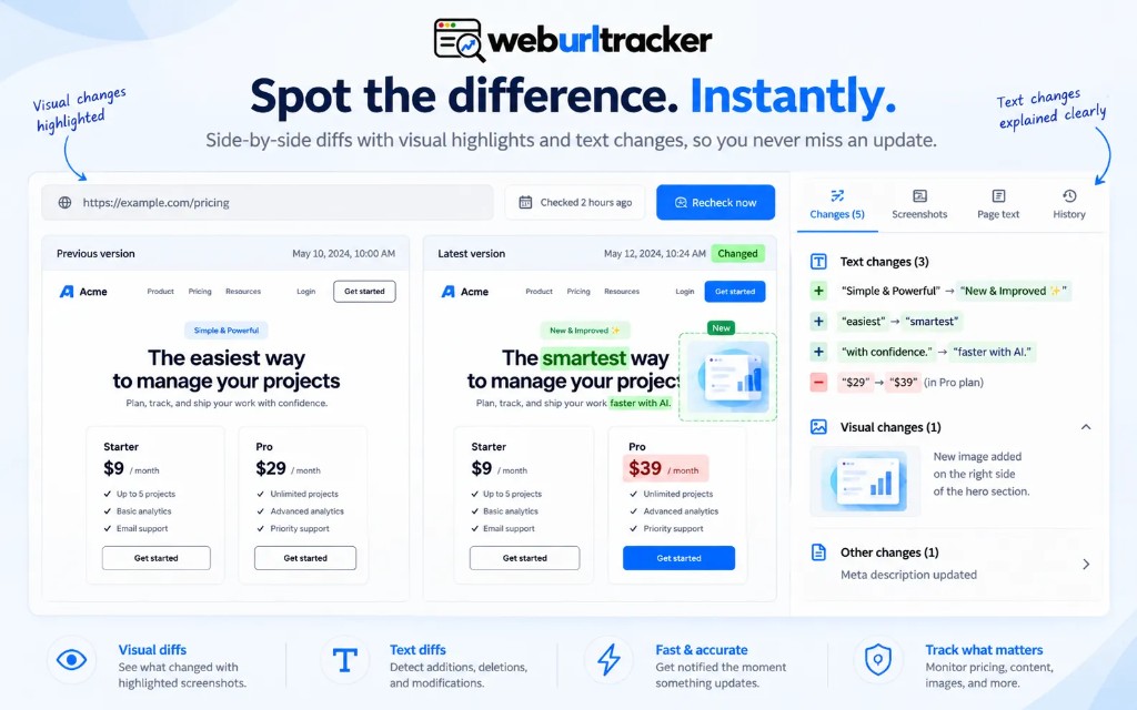 Website change monitoring dashboard with before and after page diffs