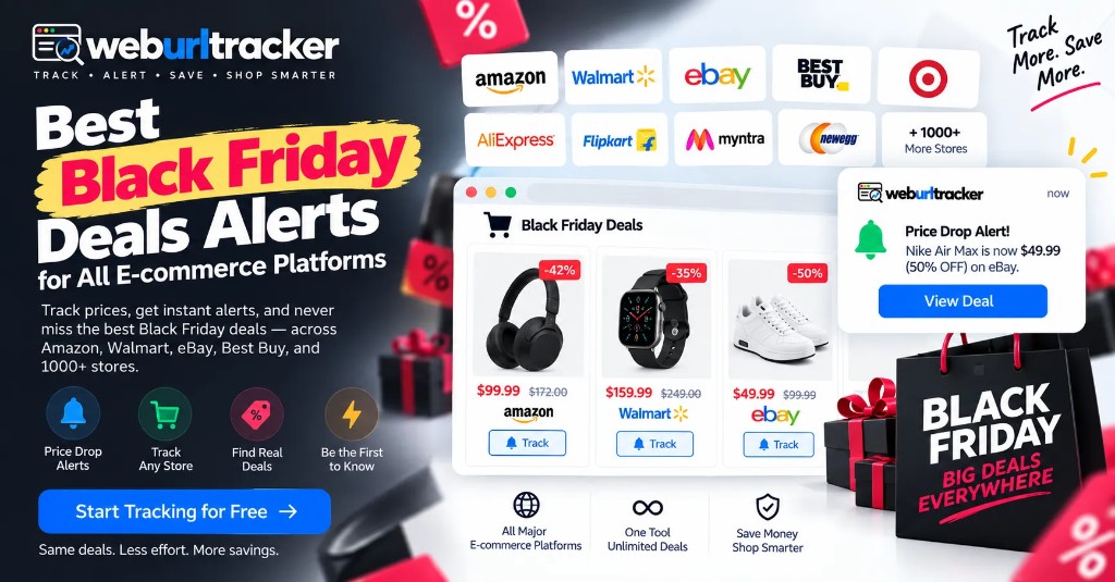 Black Friday deal alerts across Amazon, Walmart, Best Buy, and Target with WebURLTracker